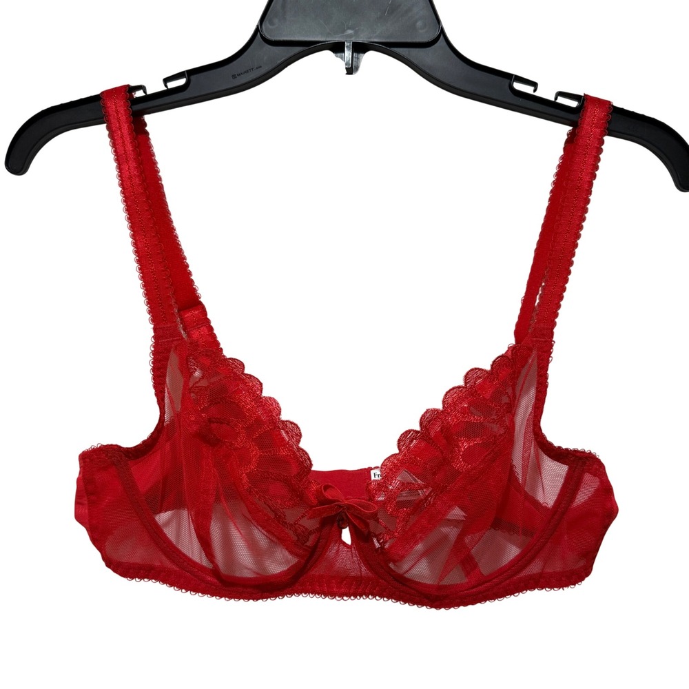 Freya Loveland Underwire Plunge Bra 32D Red Sheer Mesh Floral Lace Sexy Feminine